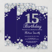 第15誕生日ネイビーブルーとシルバーダイヤモンド 招待状 (正面/裏面)