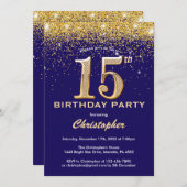 第15誕生日ネイビーブルーと金ゴールドグリッター紙吹雪 招待状 (正面/裏面)