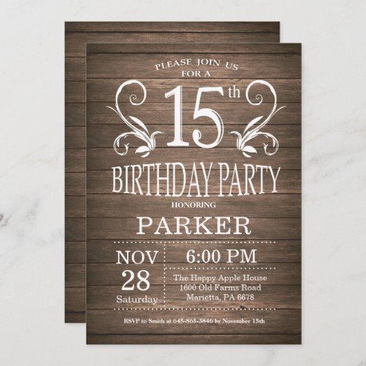 第15誕生日招待状ウッド素朴フローラ 招待状 (正面/裏面)