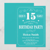 第15誕生日招待状ティール（緑がかった色）とホワイト 招待状 (正面/裏面)