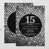 第15誕生日招待状ブラックアンドシルバーグリッター 招待状 (正面/裏面)