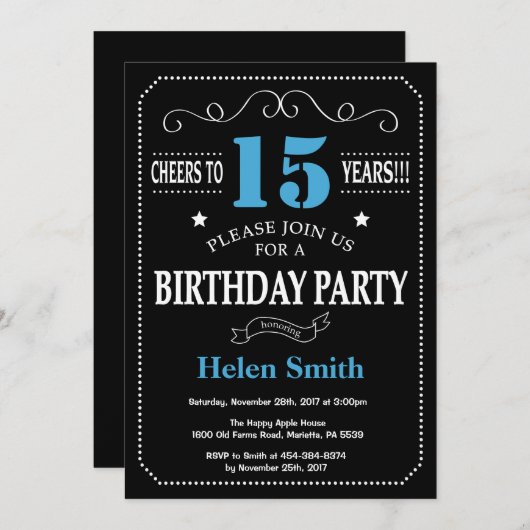 第15誕生日招待状ブルーとブラックの黒い黒板 招待状 (正面/裏面)