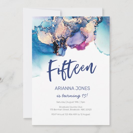 第15誕生日招待状青抽象芸術水彩 招待状 (正面)