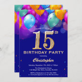 第15誕生日海軍青と金ゴールドカラフル気球 招待状 (正面/裏面)