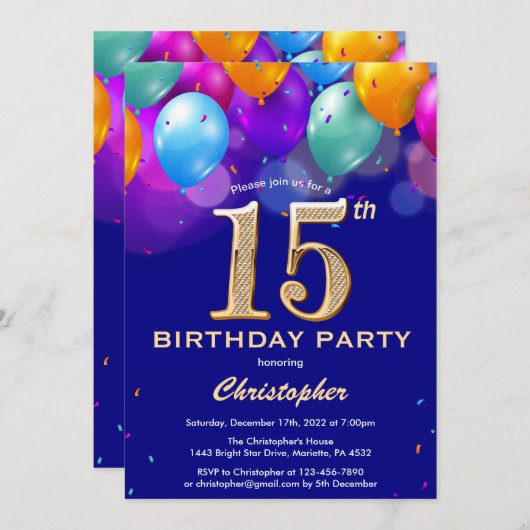 第15誕生日海軍青と金ゴールドカラフル気球 招待状 (正面/裏面)