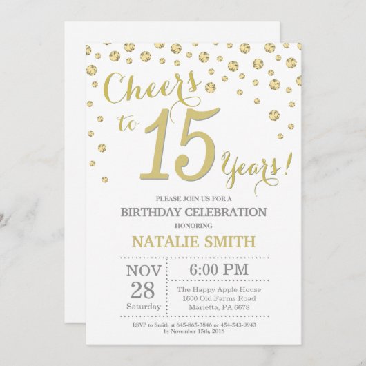 第15誕生日金ゴールドグリッターダイヤモンド招待状 招待状 (正面/裏面)