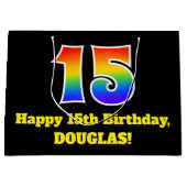 第15誕生日~おもしろい, カラフル, 鮮やか, Rainbow 15 ラージペーパーバッグ (正面)