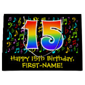 第15誕生日-ミュージッカラフルクシンボル、レインボー15 ラージペーパーバッグ (正面)