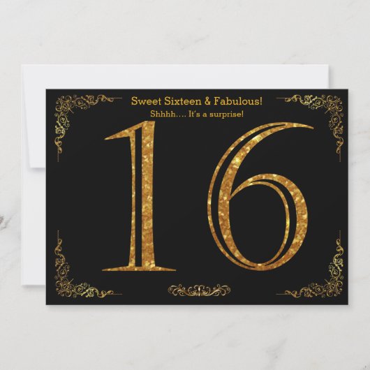 第16のSweet sixteen、誕生会、黒いグリッター 招待状 (正面)