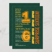 第16モダンな誕生日の緑および金ゴールドW527を驚かして下さい 招待状 (正面/裏面)