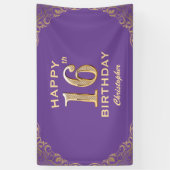 第16回バースデーパーティーパープルと金ゴールドグリッターフレーム 横断幕 (縦)