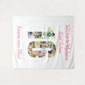 第16回バースデーパーティー写真コラージュピンク背景 タペストリー (正面(横))