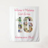 第16回バースデーパーティー写真コラージュピンク背景 タペストリー (正面)