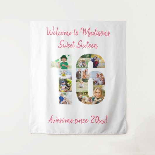 第16回バースデーパーティー写真コラージュピンク背景 タペストリー (正面)