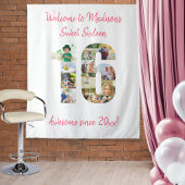 第16回バースデーパーティー写真コラージュピンク背景 タペストリー