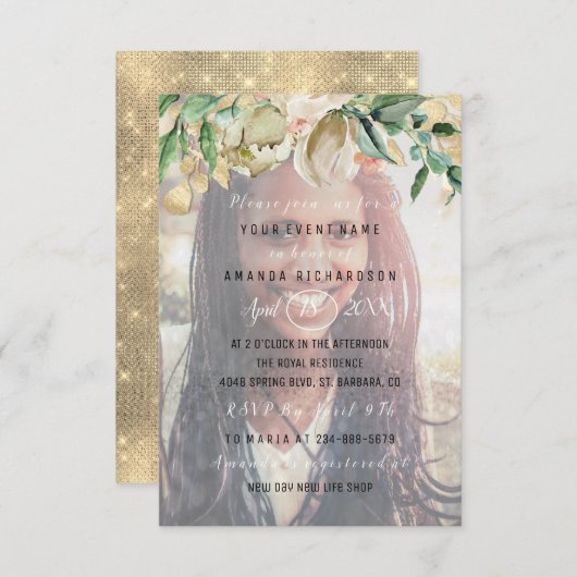 第16回バースデーパーティー写真花金ゴールド卒業 招待状 (正面/裏面)