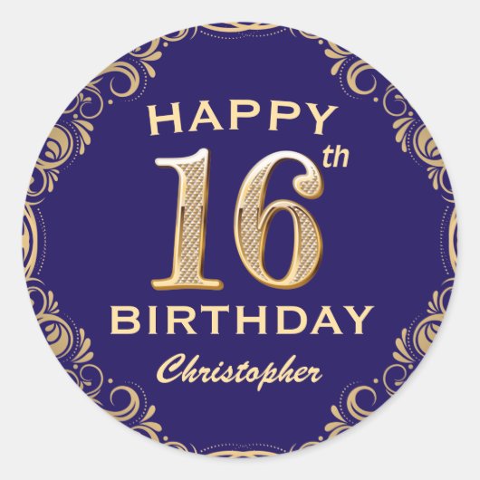 第16回バースデーパーティー海軍ブルーと金ゴールドグリッター ラウンドシール (正面)