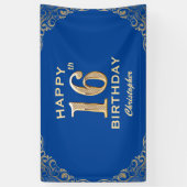 第16回バースデーパーティー青と金ゴールドグリッター枠 横断幕 (縦)