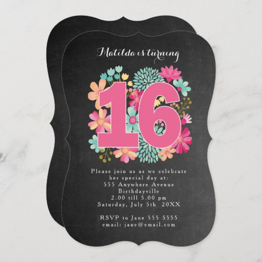 第16回バースデーパーティーChalkboard絵を描フローラ 招待状 (正面/裏面)