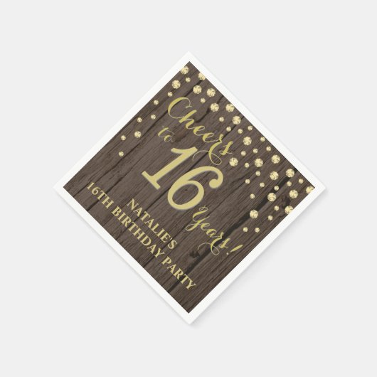 第16回バースデーパーティ素朴ーウッドと金ゴールドダイヤモンドN スタンダードカクテルナプキン (角)