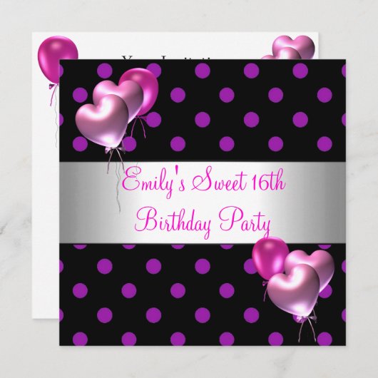 第16回ピンクパープルシルバーバルーン誕生日 招待状 (正面/裏面)