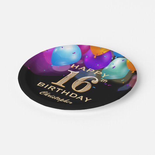 第16回誕生会ブラック・金ゴールド気球 ペーパープレート (アングル)