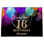 第16回誕生会ブラック・金ゴールド気球 ラージペーパーバッグ (正面)