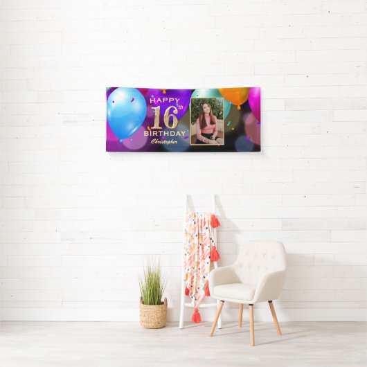 第16回誕生会黒と金ゴールド気球写真 横断幕 (インサイチュ)