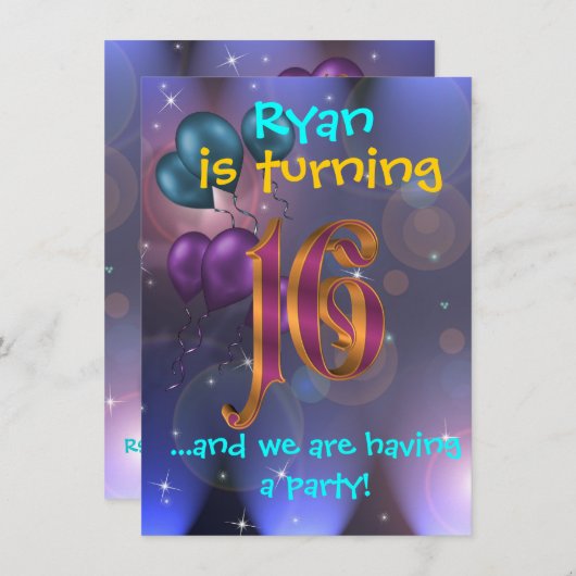 第16回誕生日パーティーの招待状 招待状 (正面/裏面)