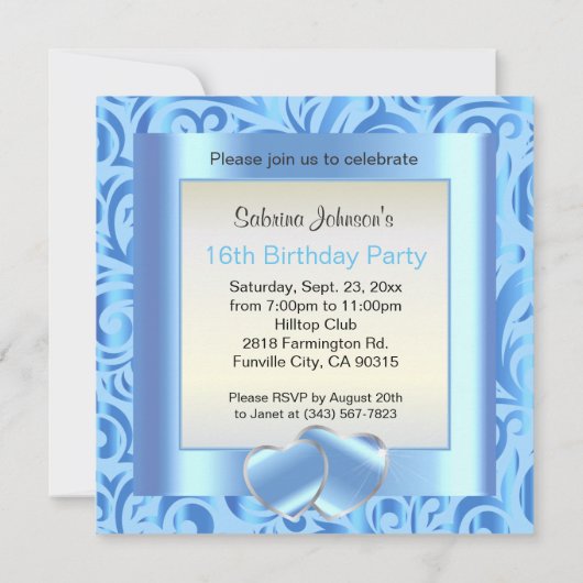 第16回誕生日パーティー|青、シルバー、ホワイトバーダー 招待状 (裏面)