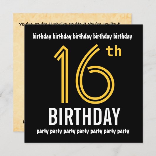 第16回誕生日パーテモダンィー金ゴールドと黒 招待状 (正面/裏面)