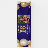 第16回誕生日会ネイビーブルーと金ゴールド風船 横断幕 (縦)