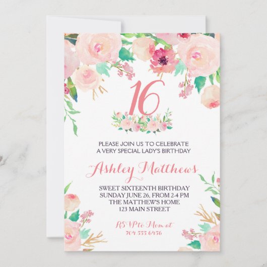 第16回SWEET SIXTEEN誕生日ピンクフローラ招待状 招待状 (正面)