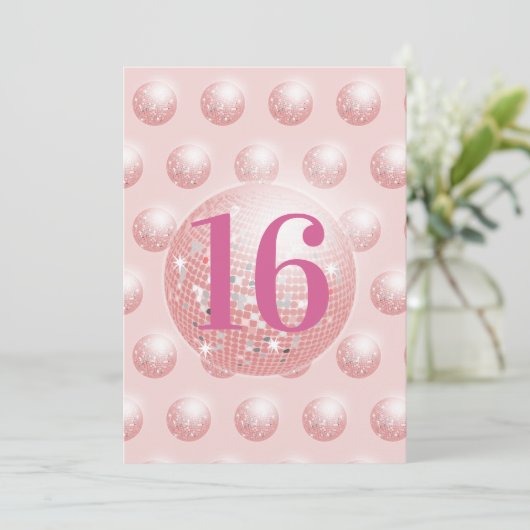 第16期ディスコモダンボールピンク誕生日招待状 カード (スタンド正面)