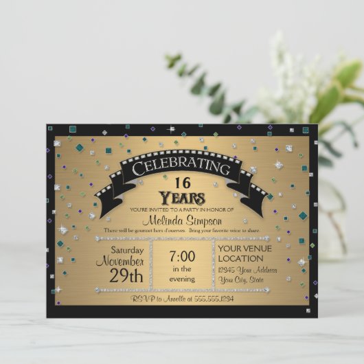 第16期誕生日パーティー祝フェイクジュエル紙吹雪 招待状 (スタンド正面)