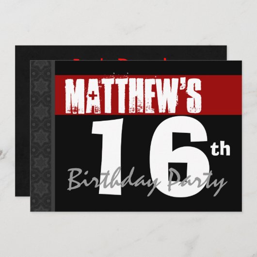 第16誕生日のモダンで赤い白黒はv06を主演します 招待状 (正面/裏面)