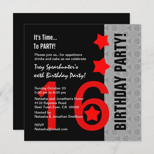 第16誕生日のモダンで赤い銀製の黒A11A 招待状 (正面/裏面)