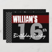 第16誕生日のモダンで赤く黒い銀W1701 招待状 (正面/裏面)