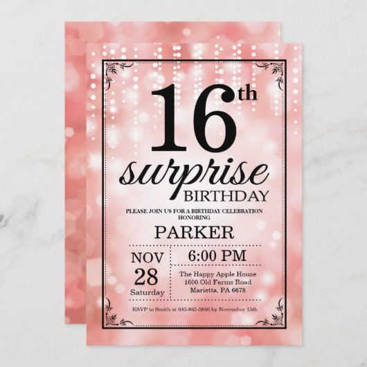 第16誕生日の招待状のピンクのグリッターを驚かして下さい 招待状 (正面/裏面)