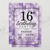 第16誕生日の招待状の紫色のグリッター 招待状 (正面/裏面)