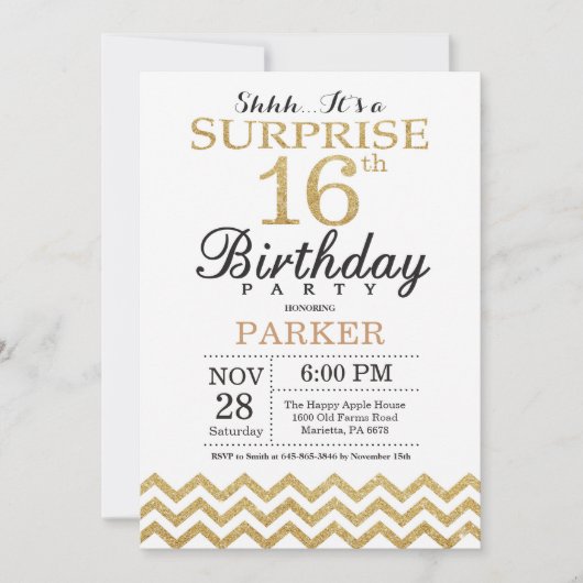 第16誕生日の招待状の金ゴールドのグリッターを驚かして下さい 招待状 (正面)