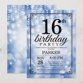 第16誕生日の招待状の青いグリッター 招待状 (正面/裏面)