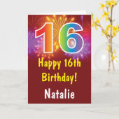 第16誕生日カラフル虹花火赤 カード (黄色い花)