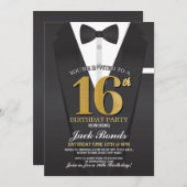 第16誕生日スパイスーツ黒ネクタイ金ゴールドタキシードスイート 招待状 (正面/裏面)