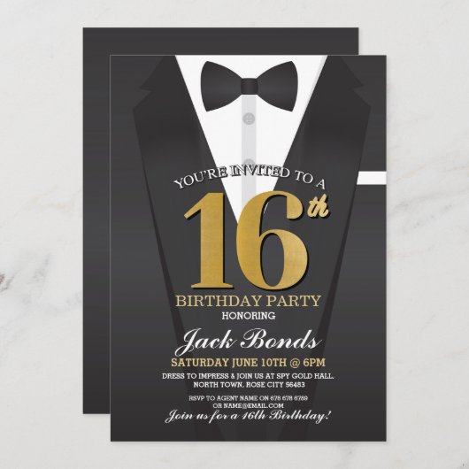 第16誕生日スパイスーツ黒ネクタイ金ゴールドタキシードスイート 招待状 (正面/裏面)