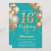 第16誕生日ティール（緑がかった色）と金ゴールドバルーン紙吹雪 招待状 (正面/裏面)