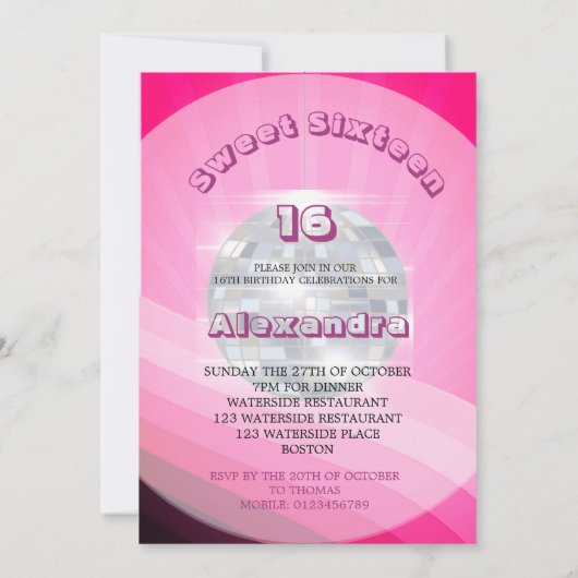 第16誕生日ディスコダンスミュージックピンク招待状 カード (裏面)