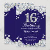 第16誕生日ネイビーブルーとシルバーダイヤモンド 招待状 (正面/裏面)
