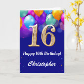 第16誕生日ネイビーブルーと金ゴールドバルーンカラフル カード (黄色い花)
