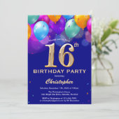 第16誕生日ネイビーブルーと金ゴールドバルーンカラフル 招待状 (スタンド正面)